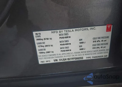 2015 Tesla Model S 70D/85D/P85D из США, поврежденный, VIN 5YJSA1S27FF086203